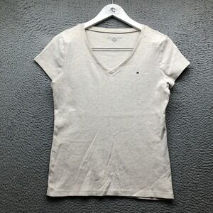 Tommy Hilfiger T-Shirt Women's Large L Short Sleeve V-Neck Ribbed Knit Logo Gray